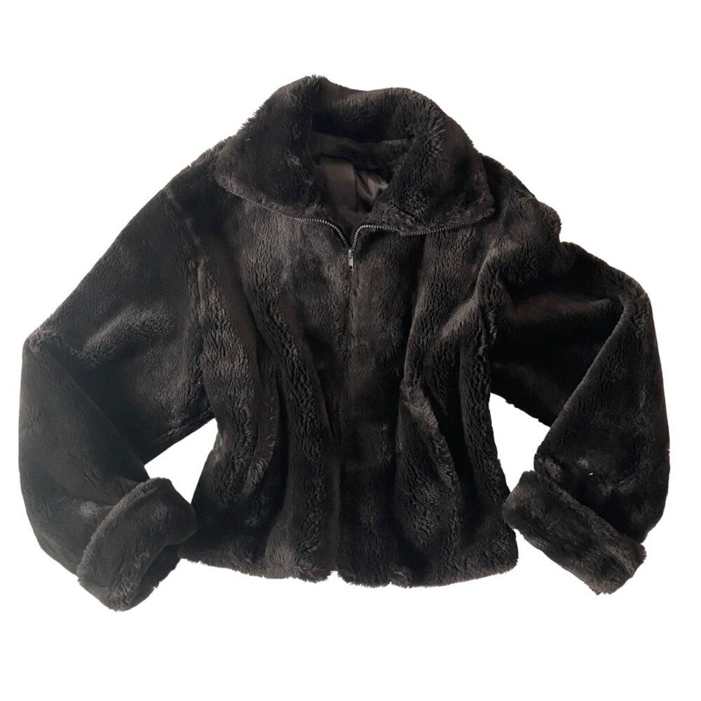 Chocolate Brown Faux Fur Crop Jacket Size M – Soft Fuzzy Zip Up Cozy Outerwear